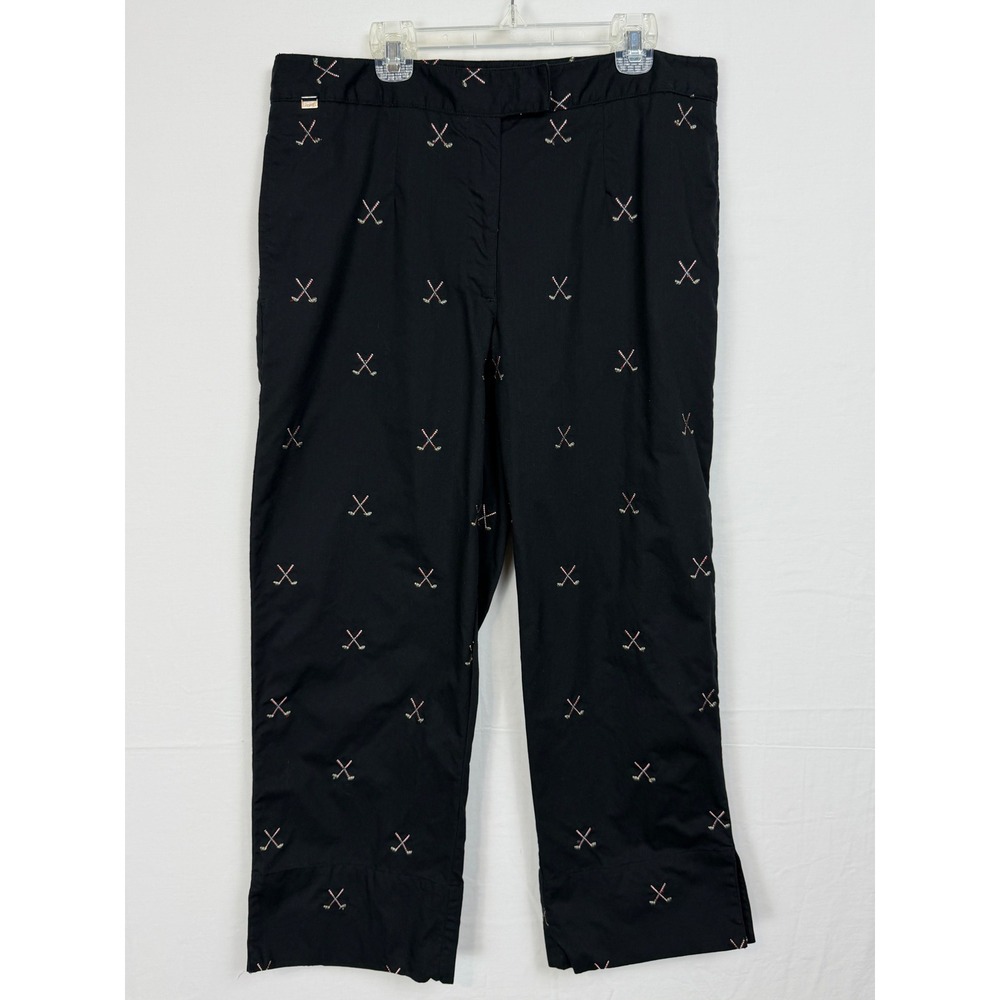 Lizgolf Cathren Pants Womens 12 Black Embroidered Golf Club Cropped Trousers